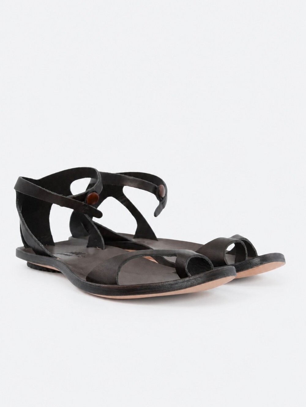 CYDWOQ Brown Leather Ankle Strap Sandals Sculpted Sole Handmade Artisan